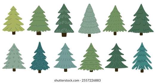 Set of Christmas trees. Traditional symbol of Christmas and New Year. Holiday design for cards, banners, packaging and textiles. Traditional symbol of Christmas and New Year. Vector illustration.