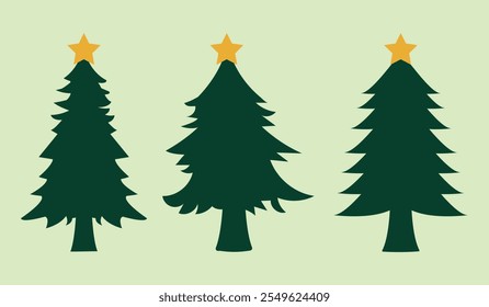 Set of Christmas trees. Traditional winter holiday firs with ornament, in pot, in craft paper, Xmas spruce with festive decoration, balls, lights. Vector illustrations on transparent background.