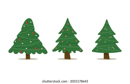 Set of christmas trees with tree ball and tree toy. Flat vector illustration