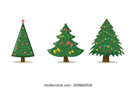 Set of christmas trees with tree ball and tree toy. Flat vector illustration.