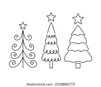 Set of Christmas trees of various shapes with star, hand drawn with thin black liner. Vector simple cute outline sketch illustration on white isolated background.