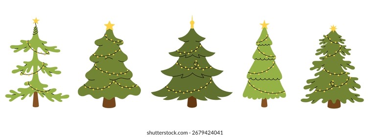 A set of Christmas trees of various shapes with garlands. Flat vector illustration.