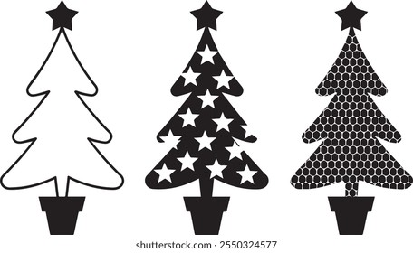 Conjunto de Arte vectorial de árboles de Navidad para tarjetas de felicitación únicas y patrón de doodle decorado