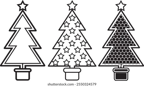 Conjunto de Arte vectorial de árboles de Navidad para tarjetas de felicitación únicas y patrón de doodle decorado