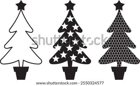 Set of Christmas trees vector art for unique greeting cards and decorated doodle pattern