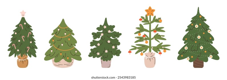 Set of Christmas trees. Vector holiday illustration with firs with ornament in pot, Xmas spruce with festive decoration, tree decorated with garlands. Flat vector illustrations isolated on white 