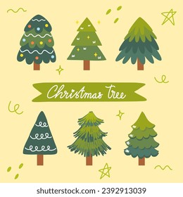 Juego de ilustración vectorial de árboles de Navidad, pinos para tarjeta de saludo, invitación, web. Símbolo tradicional de Año Nuevo y Navidad con bombilla, estrella. Vacaciones de invierno. Colección de iconos.