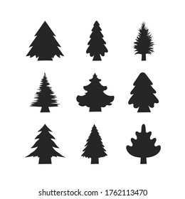 Set of Christmas trees. Vector isolated icons collection of evergreen spruce fir silhouettes.
