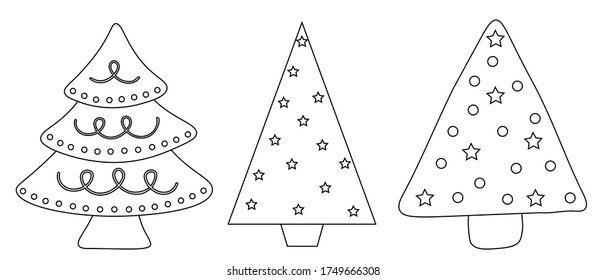 Set of Christmas trees vegetables vector black and white coloring