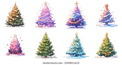 set of christmas trees in vibrant color style. cute design. colorfull vector. isolated on a white background