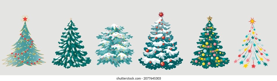 
Set of Christmas trees vintage retro. Set of stylized Christmas trees with toys, Christmas tree under the snow. Vector illustration.