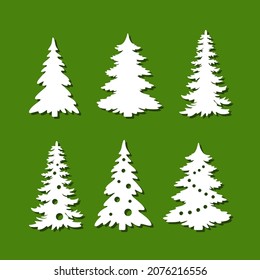 Set of Christmas trees. White silhouettes of fir trees, pines, spruces on a green background. Decorated with balls, garlands. Template for plotter laser cutting of paper, metal engraving, wood carving