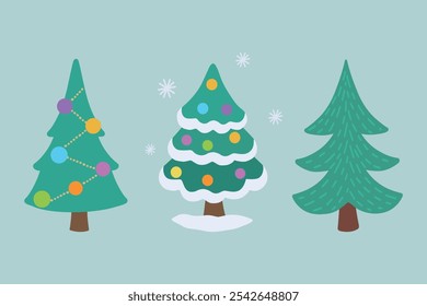 A set of Christmas trees. Winter festive Christmas trees with decorations, New Year's toys, snowflakes. Christmas tree with festive decor, balloons, garlands.Vector illustrations on a blue background.