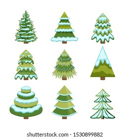 Set of Christmas trees. Winter firs and pines in snow in different styles. Vector illustration.
