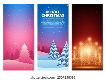 Set of Christmas trees in a winter season, ideal for Christmas backgrounds. Optimized for mobile phone screens, these festive illustrations are ideal for holiday-themed apps and social media graphics