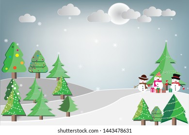 Set of Christmas Trees in winter snow. Snow man and Santa Claus  standing under  Christmas Trees with gift,full moon, Festival,new year,Happy Christmas,Vector carnival and New Year concept.