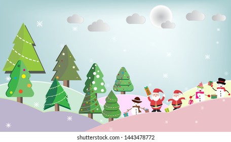 Set of Christmas Trees in winter snow. Snow man and Santa Claus  standing under  Christmas Trees with gift,full moon, Festival,new year,Happy Christmas,Vector carnival and New Year concept.