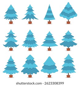 Set of Christmas trees without decoration in blue color. Winter trees collection for holiday Christmas and new year. Can be used for printed materials-posters, leaflets, business cards or for web.