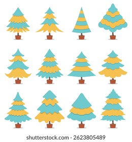 Set of Christmas trees without decoration in green tosca and yellow colors. Winter trees collection for holiday Christmas and new year. Can be used for printed materials-posters, leaflets or for web.