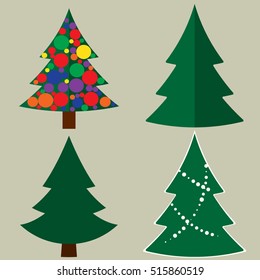 Set of Christmas trees with and without ornaments. Modern flat vector illustration.