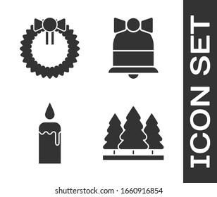 Set Christmas trees, Christmas wreath, Burning candle in candlestick and Merry Christmas ringing bell icon. Vector
