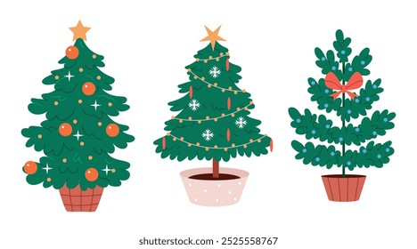 Conjunto de árboles de Navidad. Dibujo a mano fondo de invierno con abeto, adornos de Navidades, estrellas y copos de nieve.