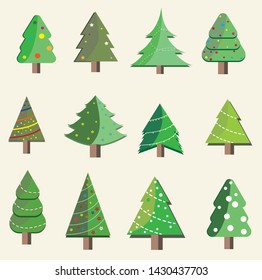 Set of Christmas Trees.They are on color Pastel background.The trees set up and decorated with lights and ornaments as part of Christmas celebrations.Party,festival,Vector carnival and Isolate concept