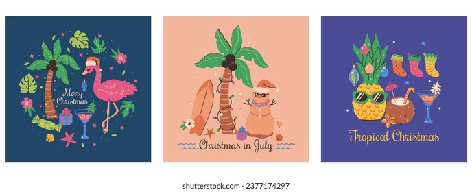 Set of Christmas tropical cards with flamingo, pineapple, palm tree. Vector graphics.