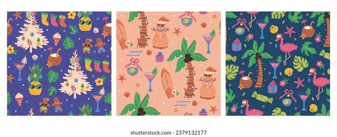 Set of Christmas tropical seamless patterns. Vector graphics.