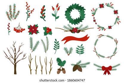 Set of Christmas twigs, berries, wreaths. Holly, poinsettia, Rowan, rose hip, acorn, pinecone. Vector illustration isolated on a white background.