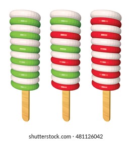 Set of Christmas Twisted Ice Creams Isolated on White. Striped Popsicles in Red Green and White. Vector Low Poly Realistic Illustration.