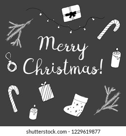 Set of Christmas typography and design elements. Hand Drawn Doodle Style. White And Gray Colors.