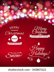 Set of Christmas typography templates on red background with lights. Designed text. Vector illustration.