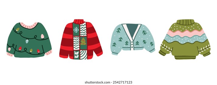 Conjunto de Natal Feio camisola. Bonitos Suéteres Desenhados À Mão. Xmas de inverno de malha Pulôver