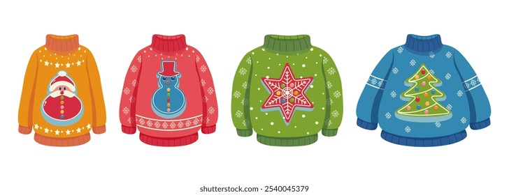 Set of Christmas ugly sweaters with Santa, snowman, star, and Christmas tree designs. Colorful illustrations on a white background. Winter holiday fashion and celebration concept