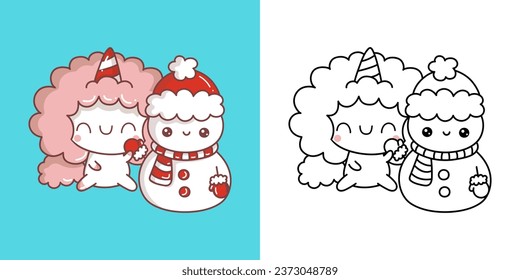 Set Christmas Unicorn Multicolored and Black and White. Kawaii Clip Art Christmas Fantasy Horse. Cartoon Vector Illustration of a Kawaii Animal for New Year Stickers. 