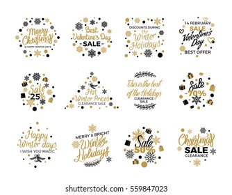 Set of Christmas and Valentine's day sales holiday website vector banner templates. Decorated signs with hand written text for social media banners and promotional material in cartoon style.