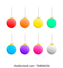 Set of Christmas Vector Balls Isolated on White Background. Cartoon Hand Drawn Xmas Ball Toy Icons in Different Colors. Christmas Collection for Design. Flat Vector Illustration.