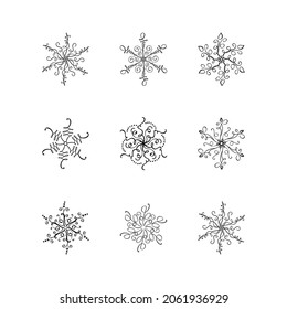 Set of Christmas vector calligraphic snowflakes. Hand drawn icon in trendy flat style isolated on white background. Xmas snow winter illustration.