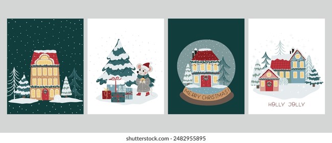 Un conjunto de tarjetas de Vector de Navidades con casas, árboles de Navidad, regalos y un ratón. Perfecto para tarjetas de felicitación de vacaciones, decoraciones festivas, etiquetas de regalo y artesanías de temporada. 