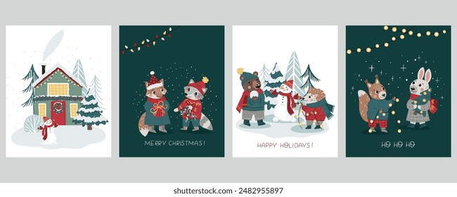 A set of Christmas vector cards featuring a house, Christmas trees, fox, bear, bunny, squirrel, raccoon, and hedgehog. Perfect for holiday greeting cards, decorations, gift tags, and seasonal crafts.