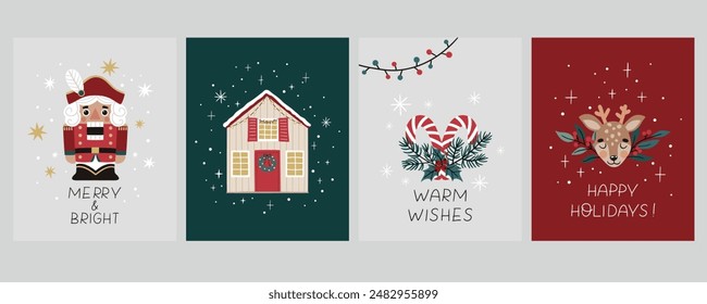 Set of Christmas vector cards featuring a nutcracker, house, candy canes, and reindeer. Perfect for holiday greeting cards, festive decorations, gift tags, and seasonal crafts. 