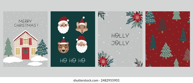 A set of Christmas vector cards featuring a house, Christmas trees, festive decorations, a reindeer, and Santa. Perfect for holiday greeting cards, festive decorations, gift tags, and seasonal crafts