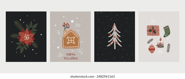 A set of Christmas vector cards featuring houses, Christmas trees, and gifts, reflecting the 2025 trend. Perfect for holiday greeting cards, festive decorations, gift tags, and seasonal crafts.