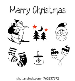 A set of Christmas vector clipart. Merry Santa Claus with sack of gifts on skis, gloves, Christmas tree, Christmas candle, Christmas socks.