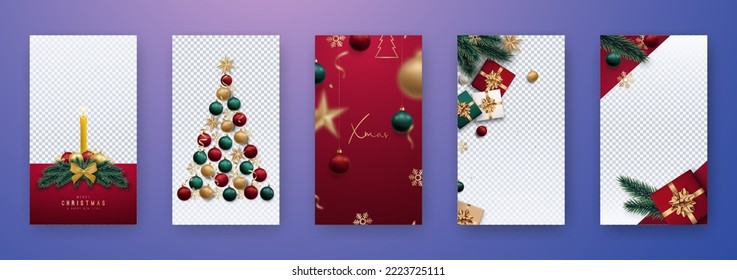 Set of Christmas vector compositions. Christmas tree, wreath with candle, baubles, gift boxes, pine branches. Xmas template for social media, social network, stories.