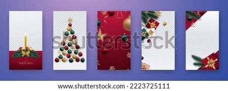 Set of Christmas vector compositions. Christmas tree, wreath with candle, baubles, gift boxes, pine branches. Xmas template for social media, social network, stories. ストックフォト © 