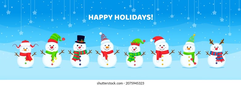 Set of Christmas vector cute snowmen in different hats and scarves. New year illustration.