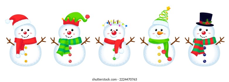 Juego de vectores de Navidad lindos hombres de nieve con diferentes sombreros y bufandas. Coloridos personajes de caricatura de invierno. Cartel de Año Nuevo.