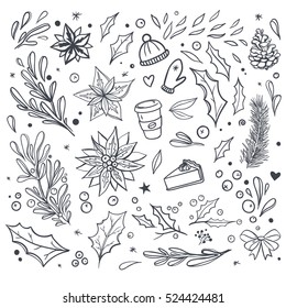 Set of Christmas vector doodles isolated on white. Winter holiday doodles: mistletoe, holly leaves, berries, pine cone, mittens, hat. 